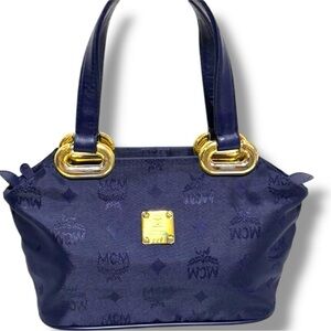 MCM Vintage Blue Jacquard Tote Bag with Gold-Tone Hardware | Made in Germany